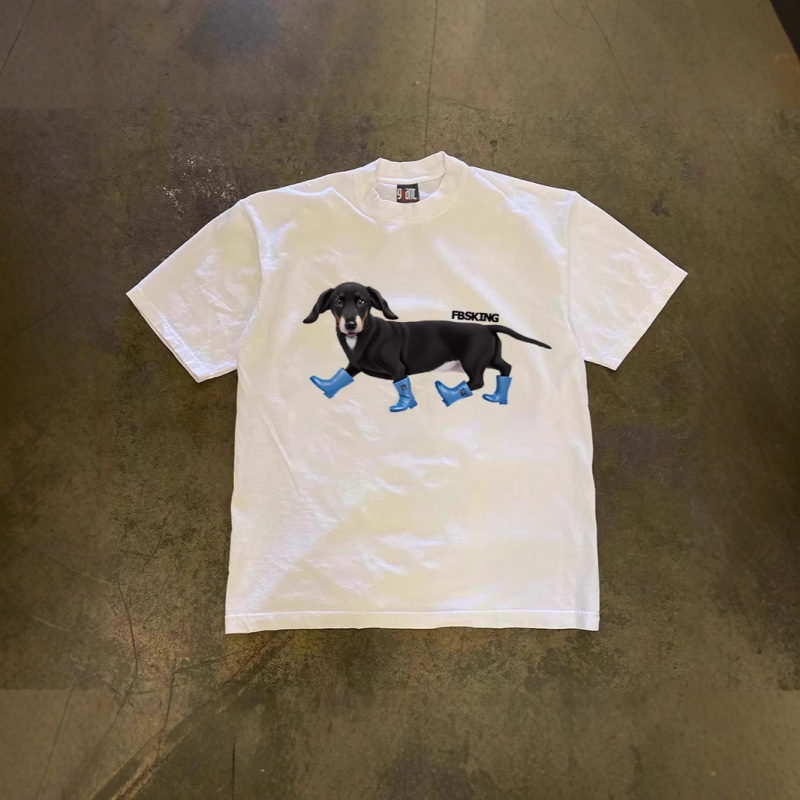 250 grams of heavy cotton! American oversize Blue Shoes Dog Print Couple Loose Short Sleeve T-Shirt for Men