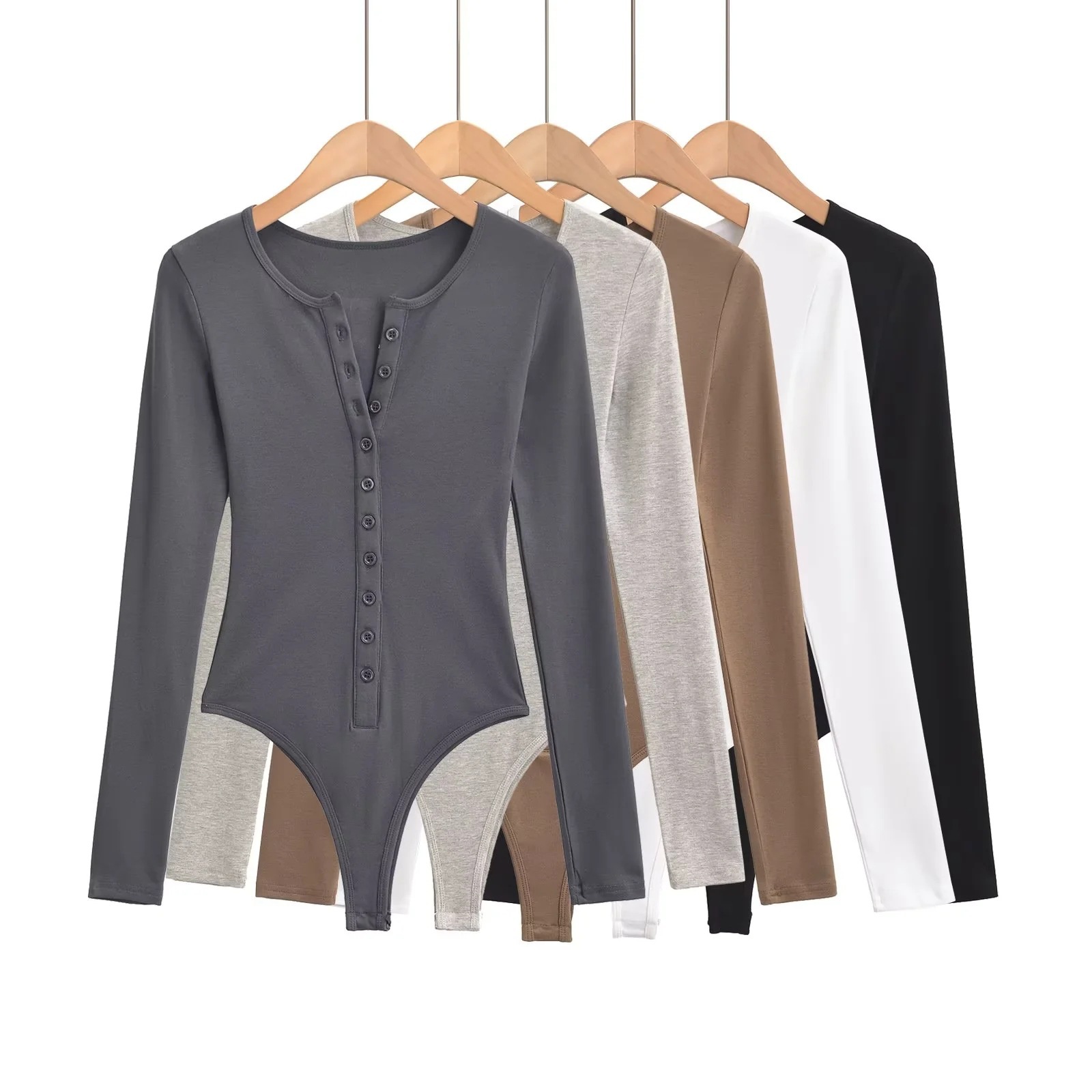 Stretch Tight European and American Single Row Multi-button jumpsuit Women's 2024 Autumn Threaded Round Neck Long-sleeved T-shirt Base Shirt