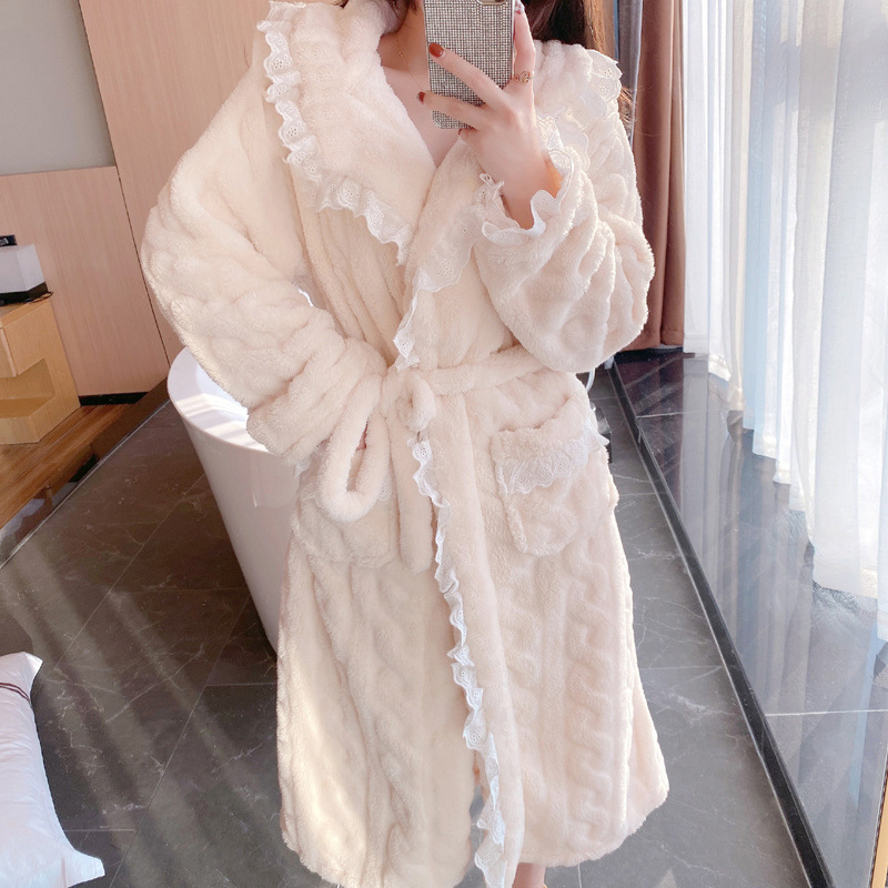 2024 새로운 도착 잠옷 여성의 가을과 겨울 달콤한 섹시한 산호 양털 두꺼운 긴 잠옷 여성의 봄과 가을 목욕 가운