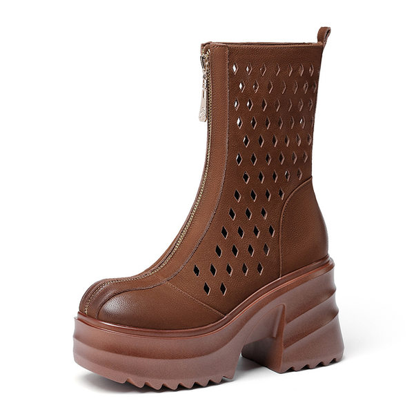 Boot nữ cổ điển khóa kéo phía trước gót dày 10 cm — Màu nâu