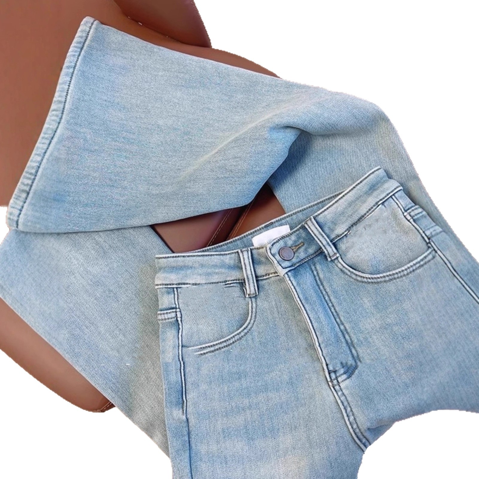 Women's Clothing Retro Slim Fit Jeans Fleece Lined High Waist Autumn Winter Loose Fit Slimming Tight Fitting Horseshoe Pants_ecoleips.com