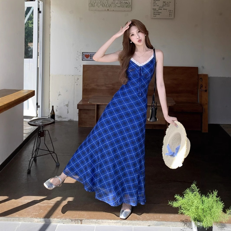 Beautiful and Stunning Klein Blue Plaid Suspender Dress for Women, Summer 2026 New Style, Pure Desire Sweet and Spicy Style, Waist-Cinching Long Dress Beautiful and Stunning Klein Blue Plaid Suspender Dress for Women, Summer 2026 New Style, Pure Desire Sweet and Spicy Style, Waist-Cinching Long Dress