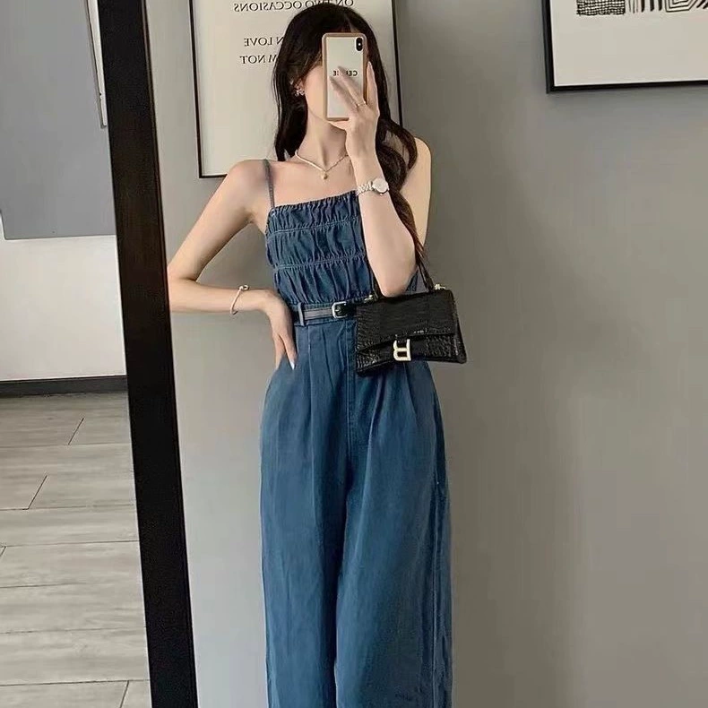 Джинсовый комбинезон на бретелях для женщин, весна 2025, свободный, стройнящий, с высокой талией, широкими штанинами, прямые брюки в пол, кросс-бордер