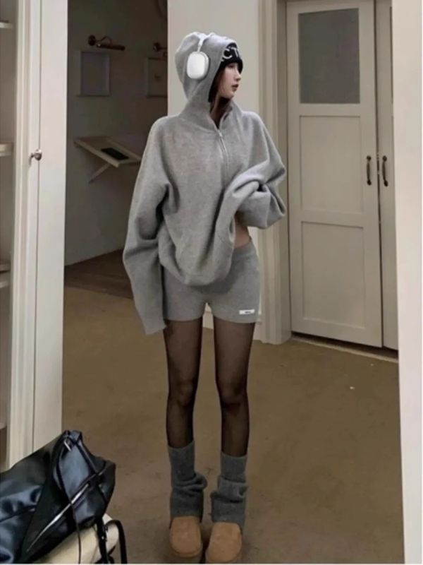 复古灰色连帽毛衣外套女2025秋冬季宽松拉链针织上衣短裤两件套装|undefined