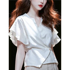 2694白いvネック綿麻亜麻シャツ女性の夏の新型の小さい背の短いタイプは腰のフランスの半袖を収めます。