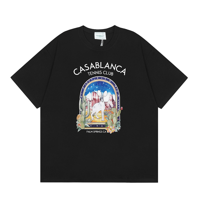 クロスボーダー2025夏服カサブランカドア枠ロゴプリント男女ゆるい半袖tシャツ重ポンド綿|undefined