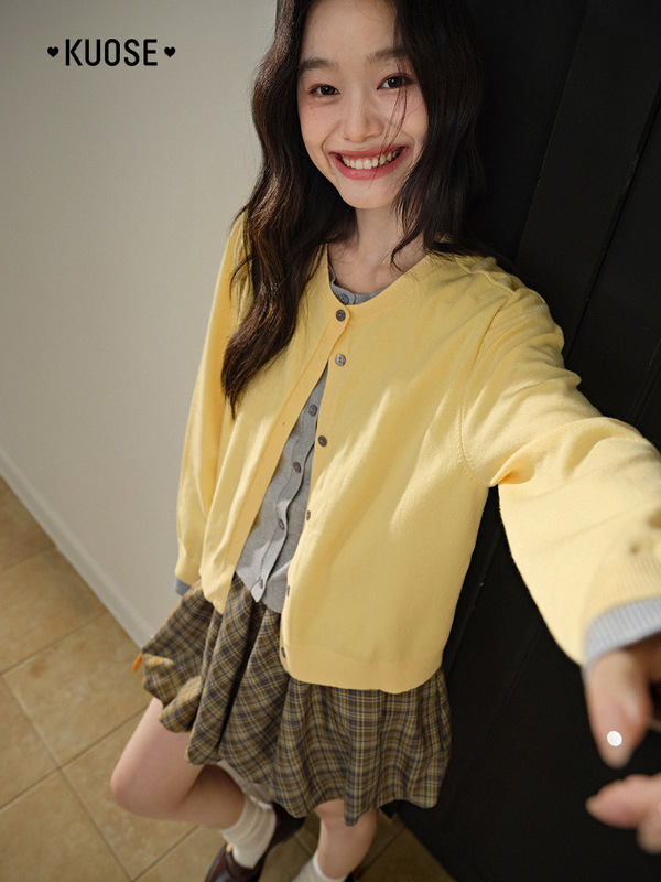 阔色粉色撞色假两件针织衫开衫外套早秋穿搭新款女毛衣宽松上衣|undefined