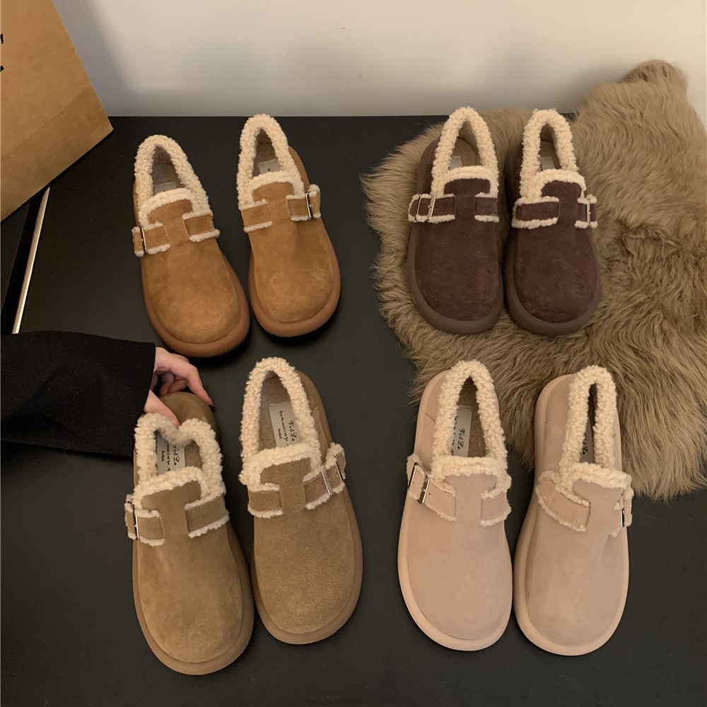 勃肯鞋女加绒2025秋冬新款森系复古圆头休闲毛毛鞋一脚蹬乐福棉鞋
