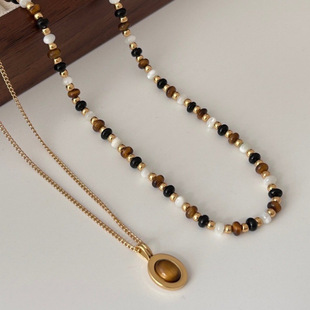 Tiger's eye stone mother shell agate natural beaded necklace women's light luxury niche design high-end sense new Chinese sweater chain trend