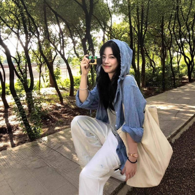 Plaid Hooded Shirt Women's 2025 Early Spring New Top Loose Sun Protection Blue Shirt Jacket