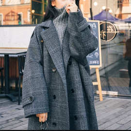 2026秋冬新款韩版中长款过膝毛呢大衣女气质宽松格子呢子外套潮