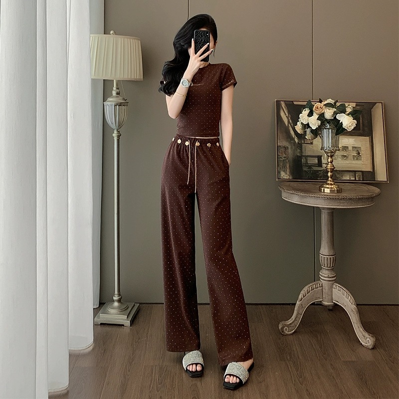 여름 여성용 하이엔드 패션 슈트, 슬림핏, 스포츠 및 레저, 헤비듀티 핫 다이아몬드 반팔 와이드 팬츠 투피스 세트
