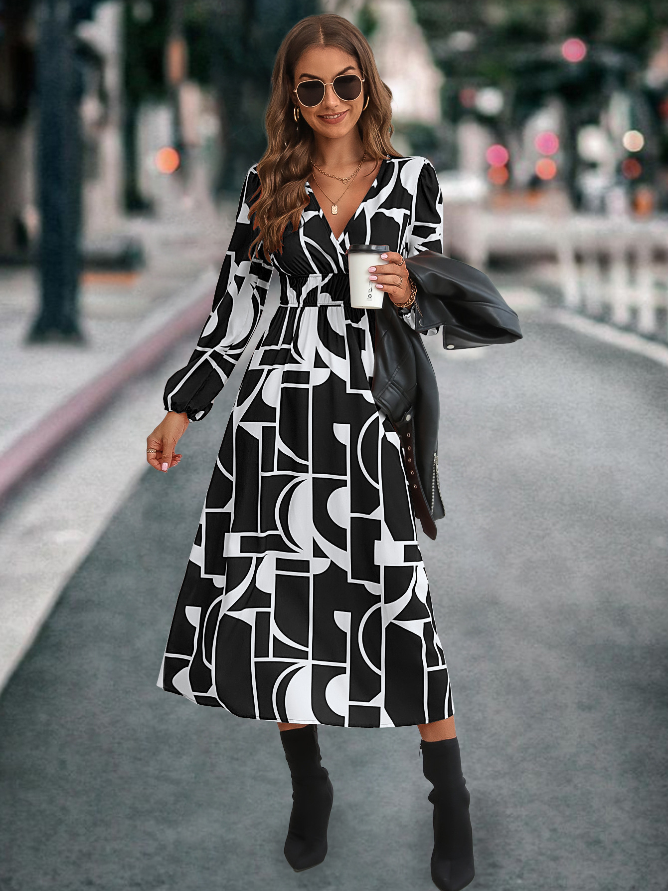 Robe imprimée à manches longues et col en V pour femmes, la plus vendue_voghion.com