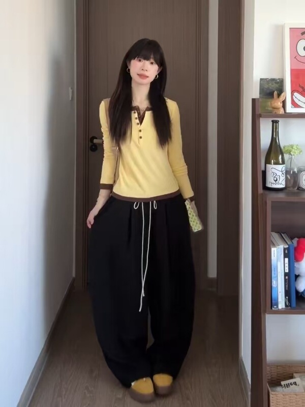 韩系休闲设计感黄色假两件长袖T恤女秋季气质修身显瘦打底衫上衣|undefined