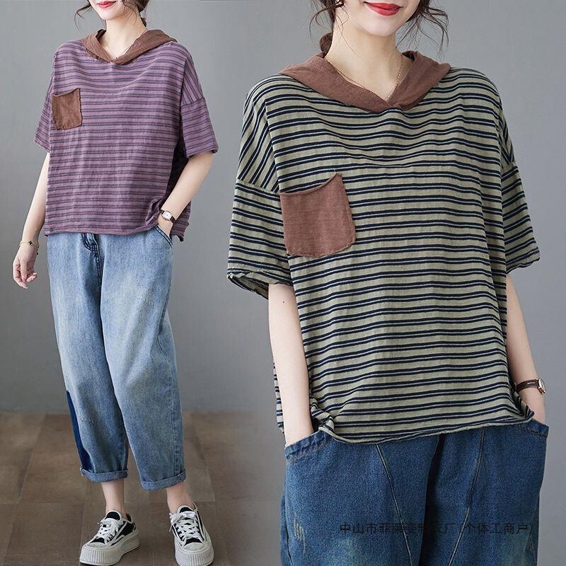 Hooded Color-Blocked Stripesd Short-Sleeved T-Shirt for Women in Summer Fat mm Large Size Slimming Look Loose Casual Pullover Top