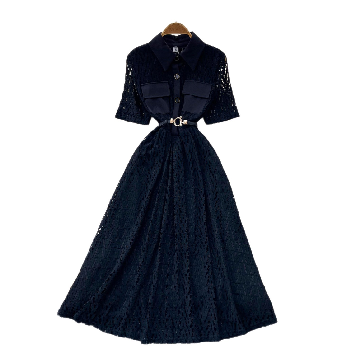 French-Inspired Lace Dress With Tie Waist - Elegant Black A-Line Midi Dress For Women_ecoleips.com