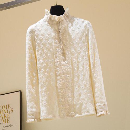 Lace bottomed shirt for women in autumn and winter new mesh long-sleeved warm figure-fitting velvet thick half-high collar top