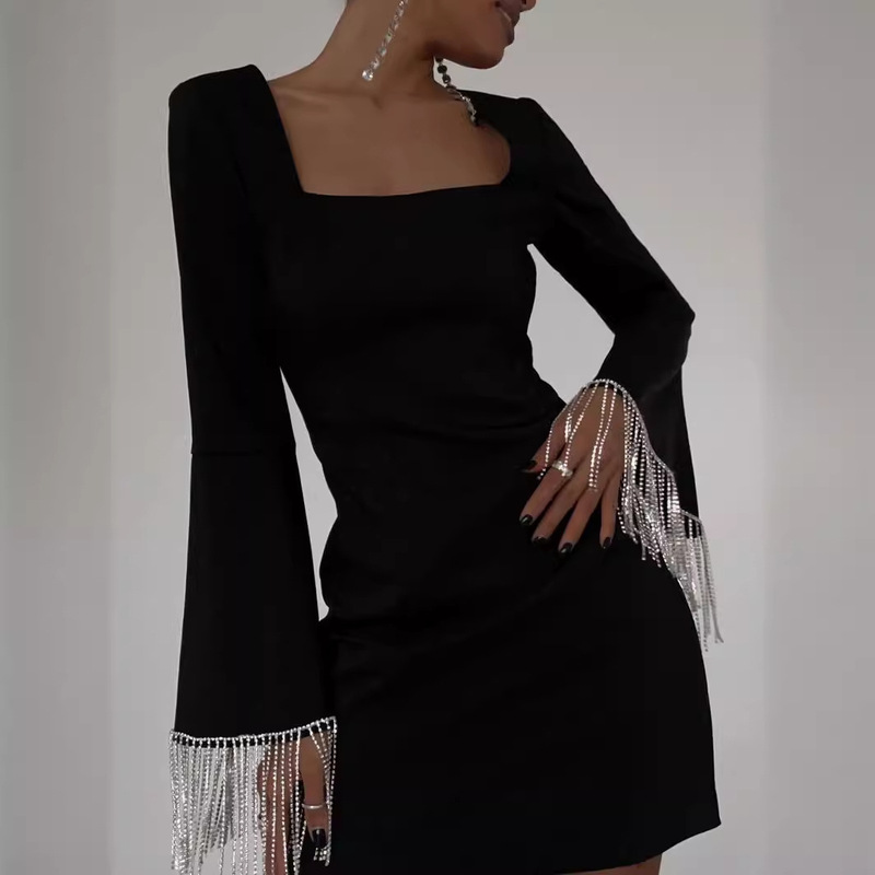 2024 European and American Amazon Cross-border Tassel Fashion Back Hollow Horn Sleeve Medium Long Black dress
