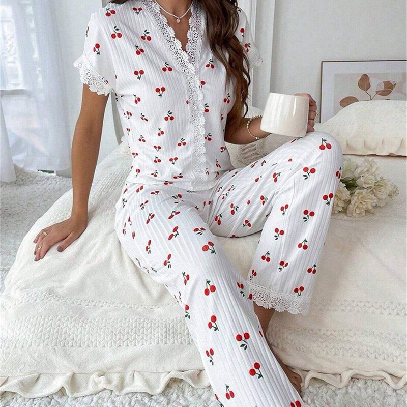 Cross-Border New European and American Style Women's Pajamas Sexy Collar Lace Cherry Print Shirt Slim Pants Home Wear Pink Flower