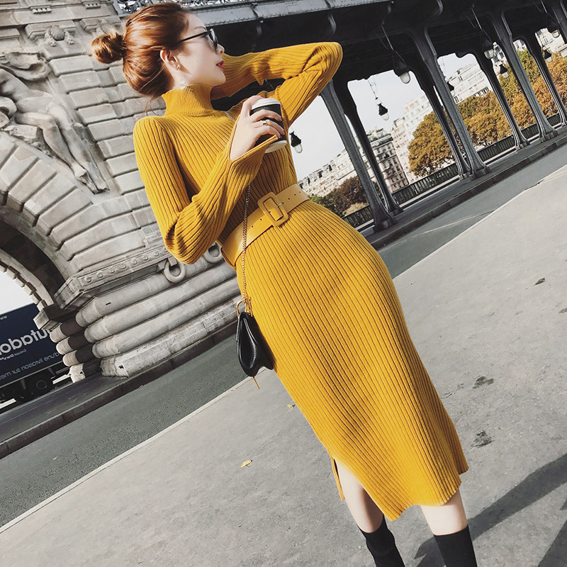 Autumn and Winter Over-The-Knee Wool Dress 2025 New Long Style with High Collar Bottoming Skirt Knitted Slit Sweater Skirt Autumn and Winter Over-The-Knee Wool Dress 2025 New Long Style with High Collar Bottoming Skirt Knitted Slit Sweater Skirt
