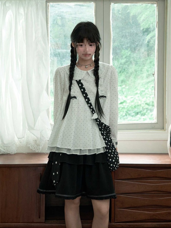 法式宽松休闲少女感娃娃领波点衬衫上衣+蝴蝶结系带半裙两件套女|undefined