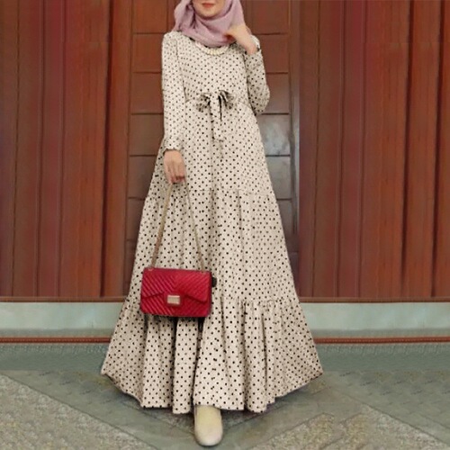 Modest Muslim Plus Size Polka Dot Elegant Dress Robe Long Sleeve Full Skirt Dress