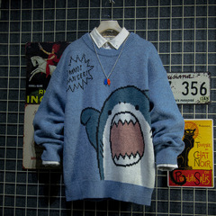Round neck high collar autumn and winter foreign trade sweater for men and adolescents loose casual cartoon shark knitted base shirt