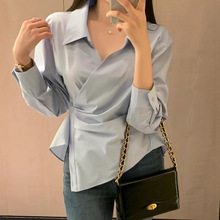 韩国春季新款小众设计不规则一粒扣收腰显瘦长袖衬衫上衣女