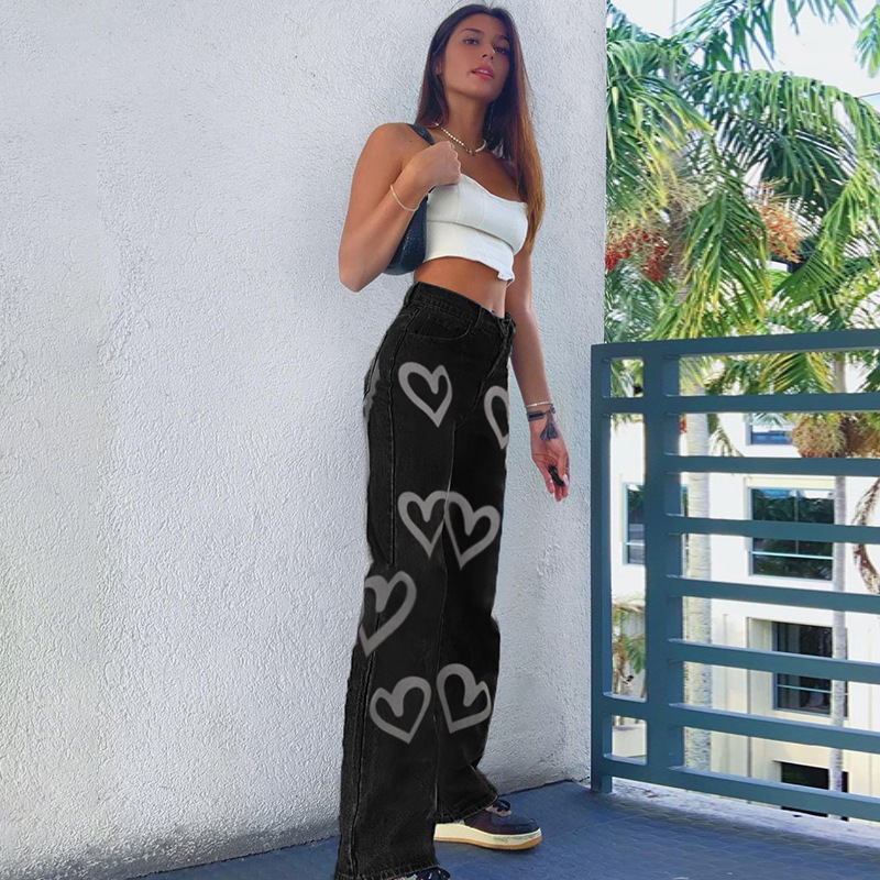 jeans anchos de cintura alta con estampado de amor/graffiti NSXXL128515