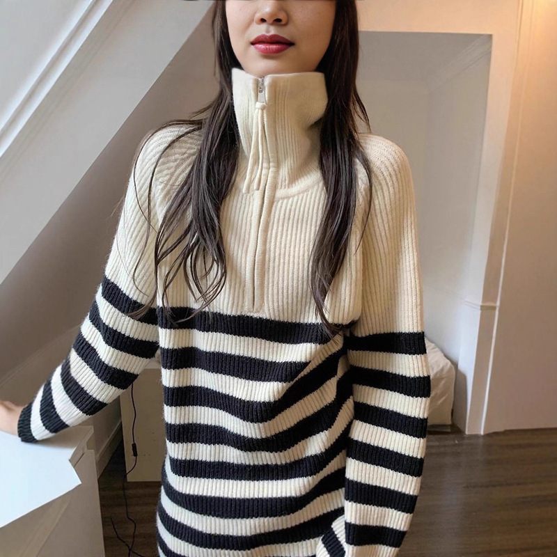 Korean-Style Striped Half-Zip Oversized Sweater for Women, New Spring, Autumn, and Winter Style, Loose, Casual, Fashionable Knit Top Korean-Style Striped Half-Zip Oversized Sweater for Women, New Spring, Autumn, and Winter Style, Loose, Casual, Fashionable Knit Top