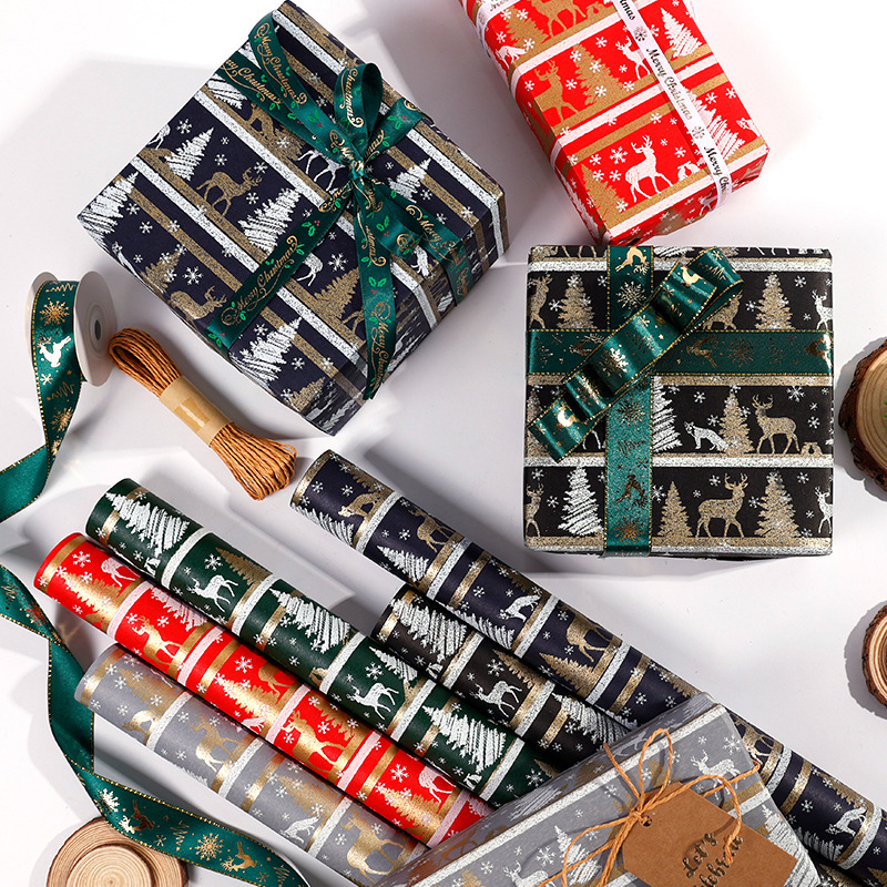 Amazon explosión de gran tamaño de Navidad retro papel de embalaje de alce de alta calidad papel de embalaje de regalo en stock