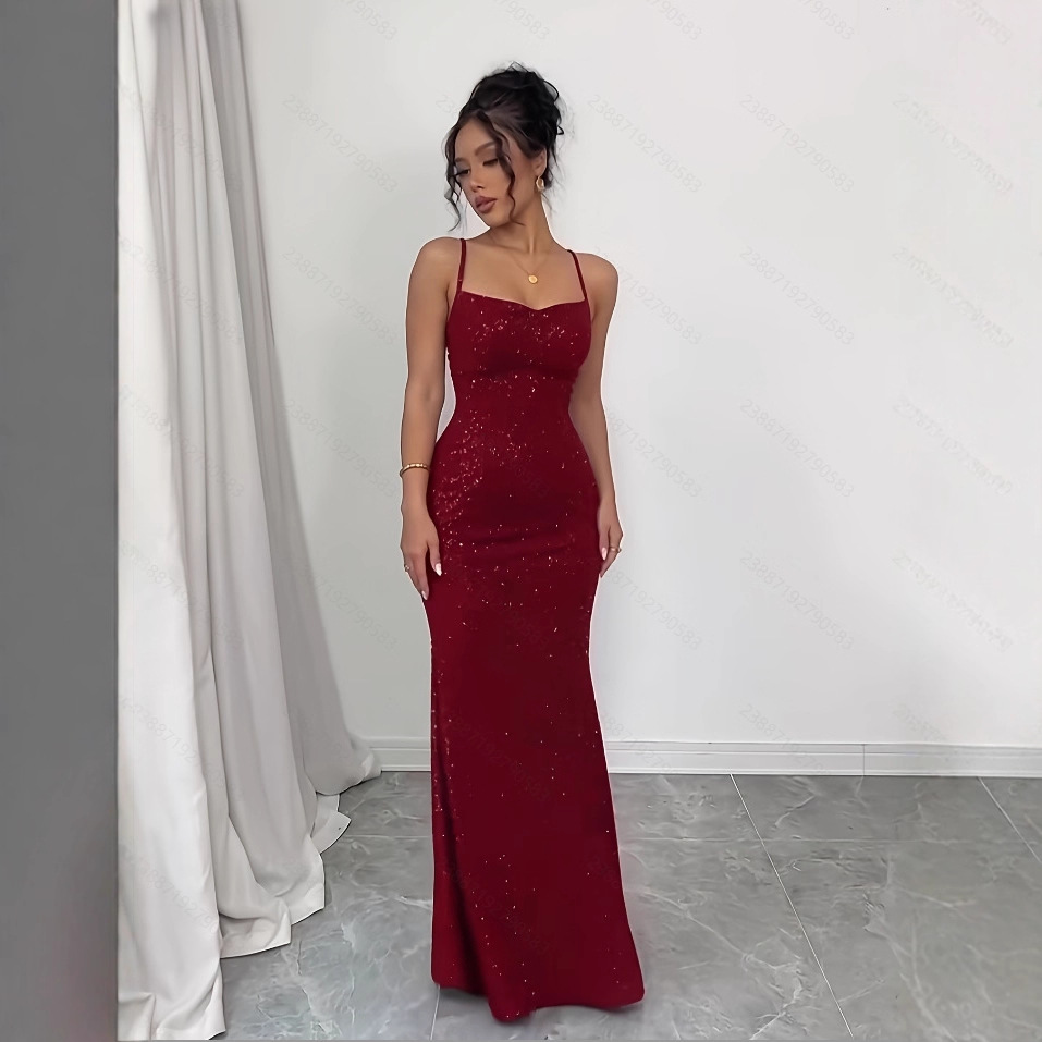 Red Slim-Fitting Sexy Sequin Dress That Shows Off Your Figure and Temperament, Hip-Hugging Dress Suitable for Parties, Red Evening Dress