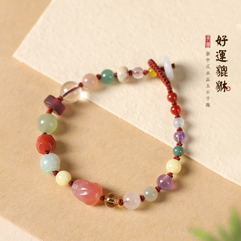 New Chinese salt source agate brave hand-woven multi-treasure hand rope jade crystal beaded sweet wind bracelet manufacturers wholesale