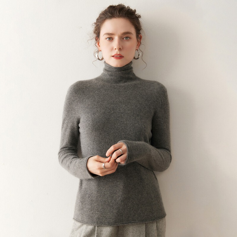 Cashmere Sweater for Women with Rolled Edges, Stacked Collar, Loose High-Neck, Warm Inner Knit Base Sweater for Women