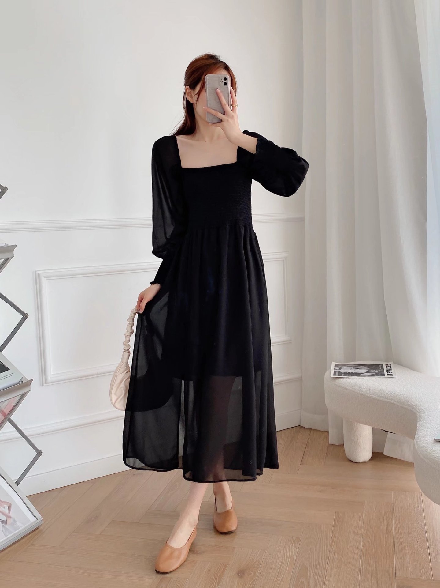 winter black square neck long-sleeved chiffon dress nihaostyles wholesale clothing NSAM96667