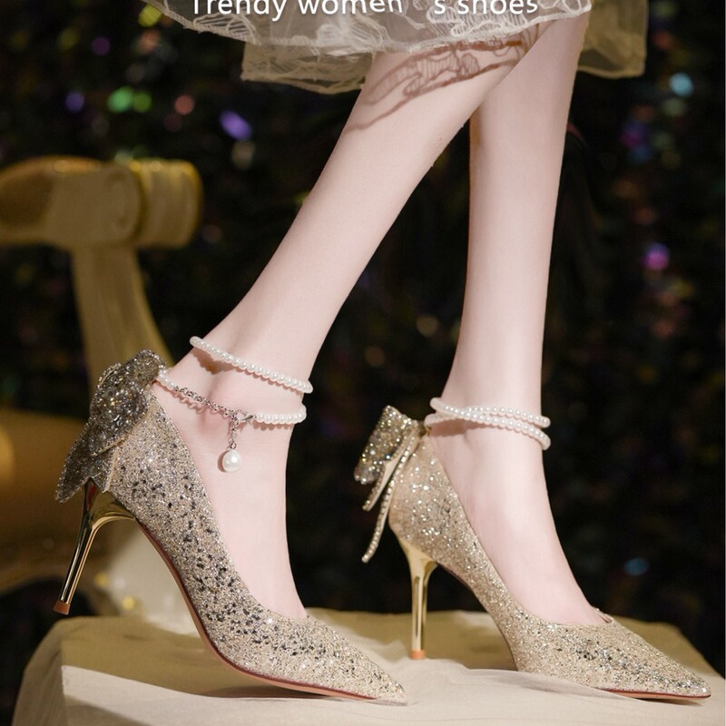 Golden High Heels Women's 2023 New Design Sense Niche Sequins Crystal Xiuhe Wedding Dress Two-Wear Wedding Shoes Bridal Shoes