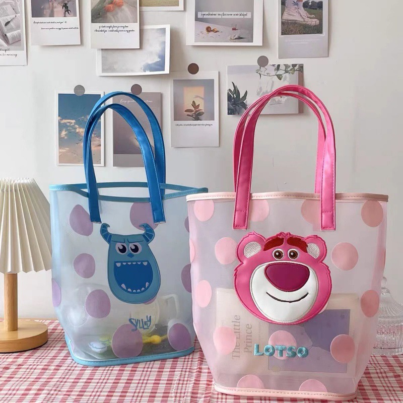 日系卡通草莓熊手提包网纱刺绣单肩手提女包购物袋洗漱游泳收纳包