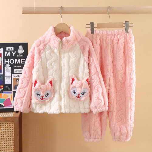 Children's coral velvet pajama set for boys and girls, autumn and winter version, thick size medium and large children zipper loungewear, thick and warm