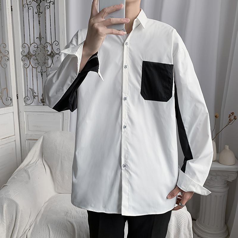 Men's Black And White Patchwork Long Sleeve Casual Shirt Trendy_voghion.com