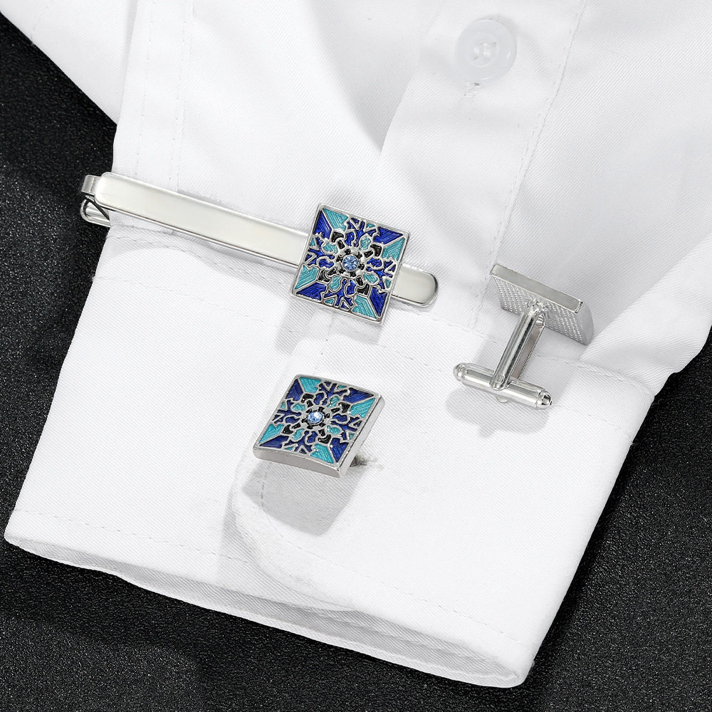 Cufflinks And Tie Clip Set With Blue Pattern For French Shirts_voghion.com