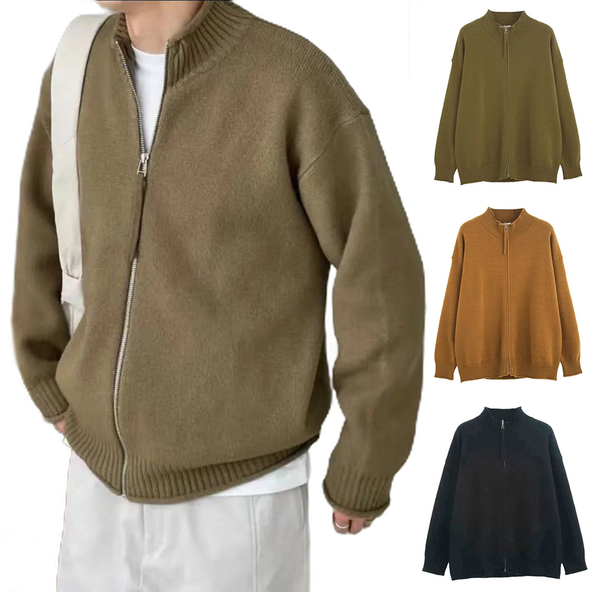 Explosiones transfronterizas de tamaño europeo suéter de punto de tamaño grande hombre chaqueta caliente de color sólido chaqueta con cremallera fábrica de negocios al por mayor