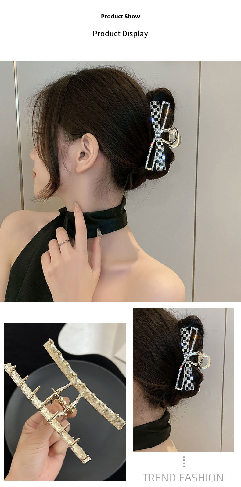 Checkerboard Bow Hair Clip With Elegant Tiara Design For Women_voghion.com