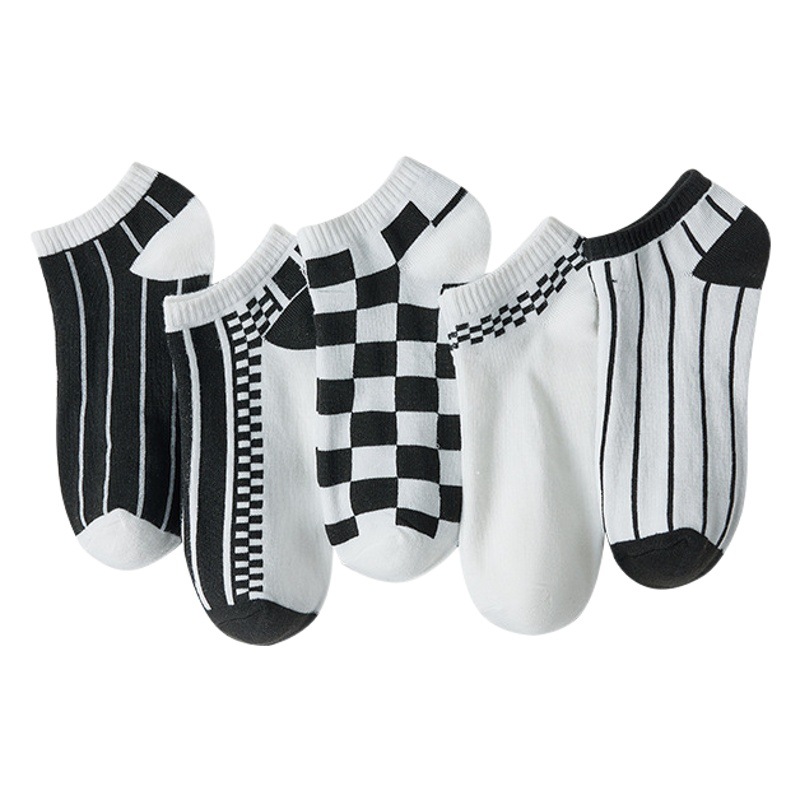 Zhuji Calcetines blanco y negro pequeño tablero de damas Plaid rayas personalidad diosa calcetines primavera y otoño japonés grueso corto tobillo calcetines moda