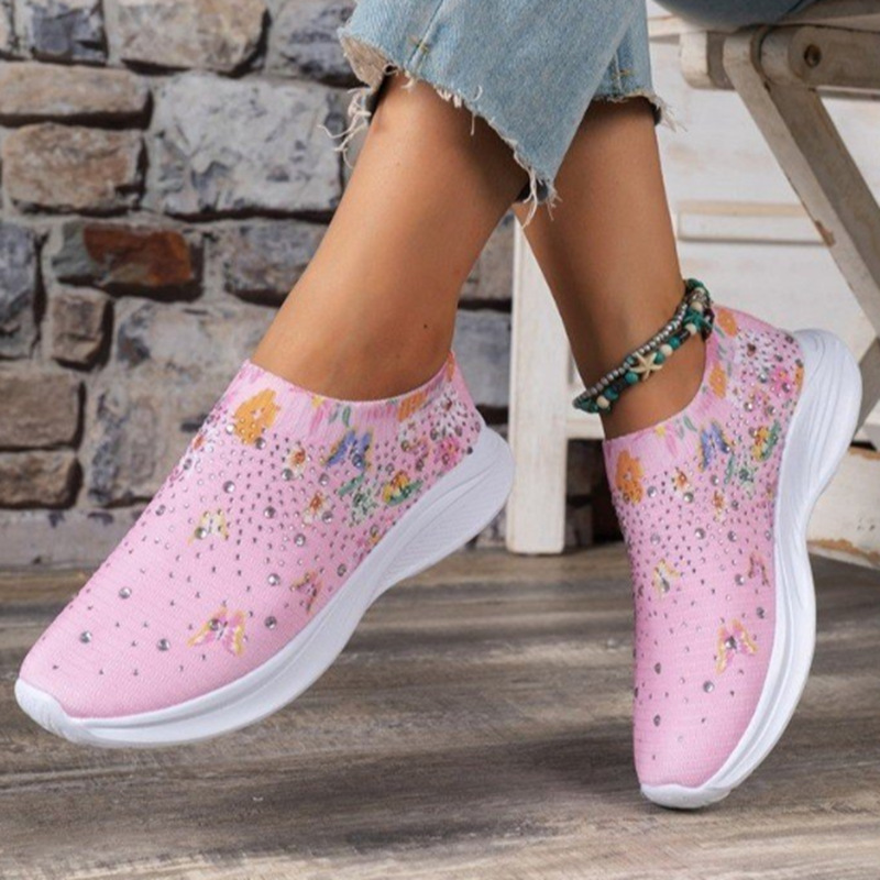 Cross-border plus size women's shoes Spring Breathable sports casual shoes rhinestone rainbow shiny flying woven shoes thick bottom running women's shoes
