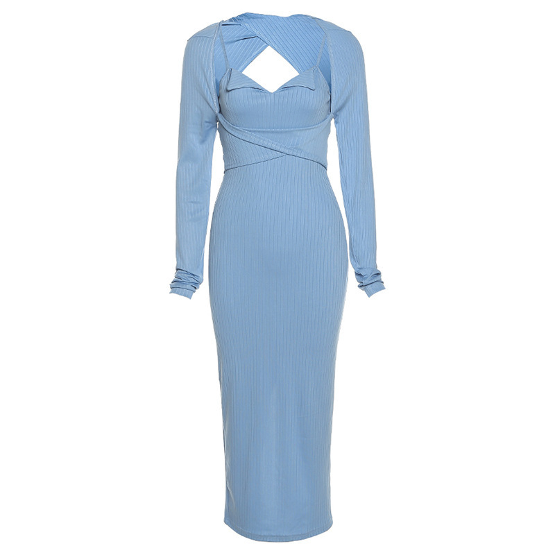 Long-Sleeved Square-Neck Camisole Slim Dress Set NSXPF85377