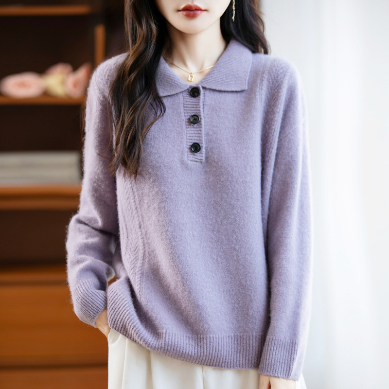 100%纯羊毛2025秋冬新女宽松POLO翻领纯色短款打底上衣针织衫毛衣|undefined
