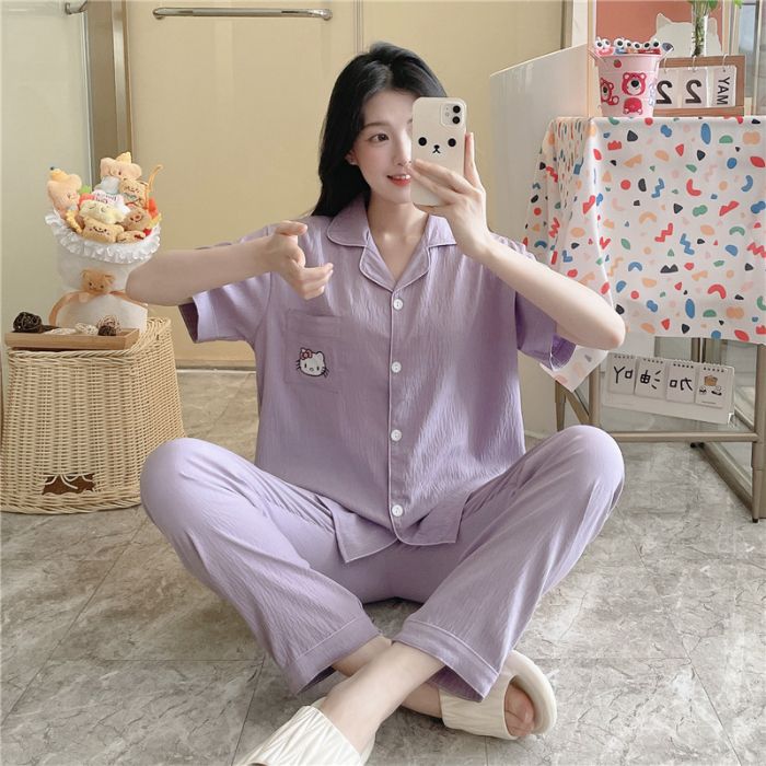 Pijamas transfronterizos al por mayor para mujer nube algodón otoño verano rebeca solapa pantalones de manga corta traje de servicio a domicilio simple y cómodo
