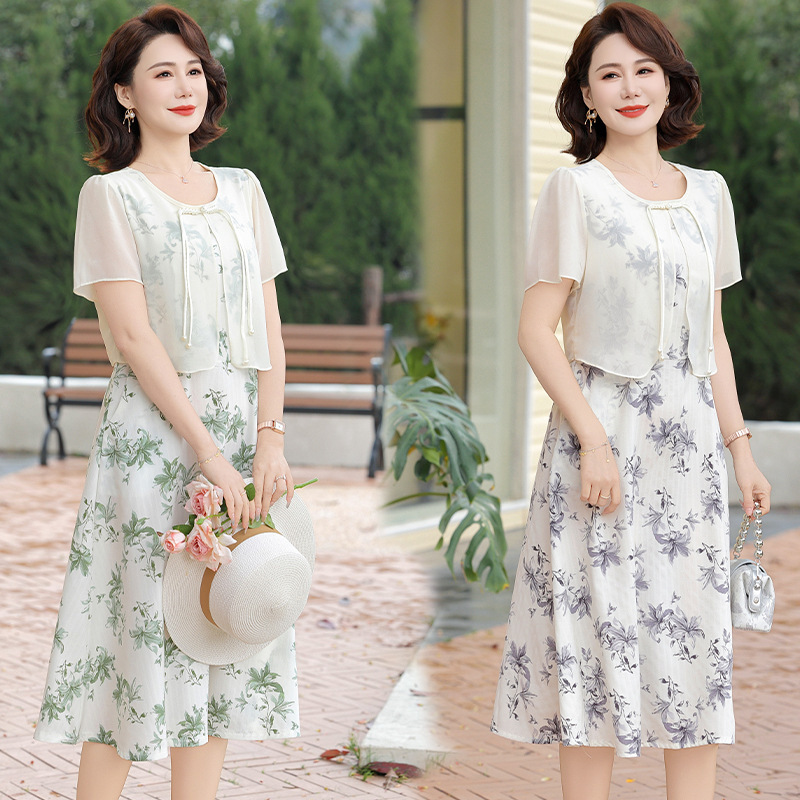Guofeng Floral dress 2025 Fake Two-piece Summer New Elegant Fashion Flesh Covering Slimming Chinese-style Over-the-knee Skirt