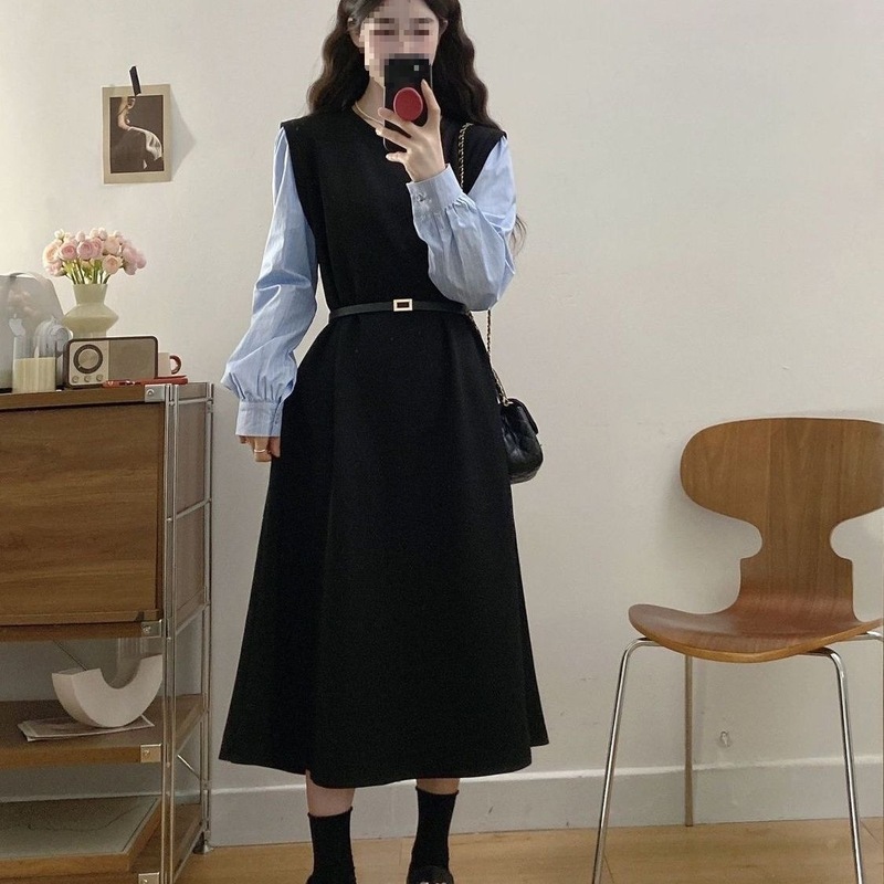 大码胖MM假两件长袖连衣裙女秋季新款遮肚显瘦小黑裙子百搭a字裙|undefined