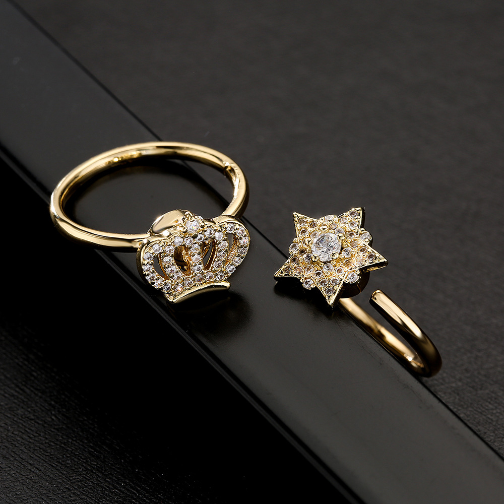 fashion copper-plated 18K gold zircon crown five-pointed star rotatable open ring